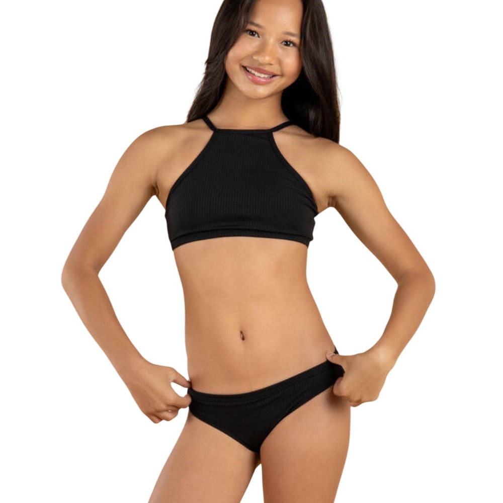 Rip Curl Girls Black Ribbed High Neck Halter Bikini Two Piece Swimsuit Set‎